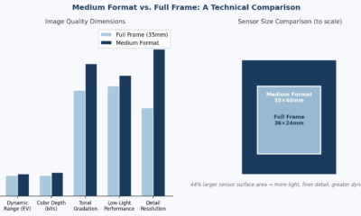 Side-by-side comparison of medium format vs full frame sensor size and image quality metrics including dynamic range, color depth, and tonal gradation