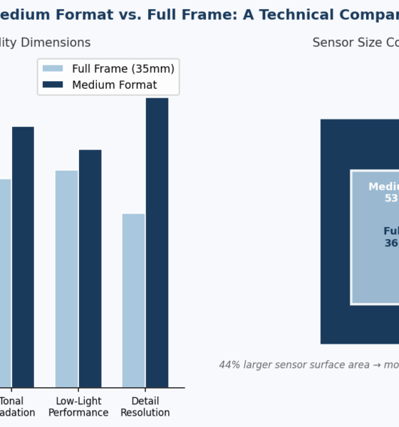 Side-by-side comparison of medium format vs full frame sensor size and image quality metrics including dynamic range, color depth, and tonal gradation