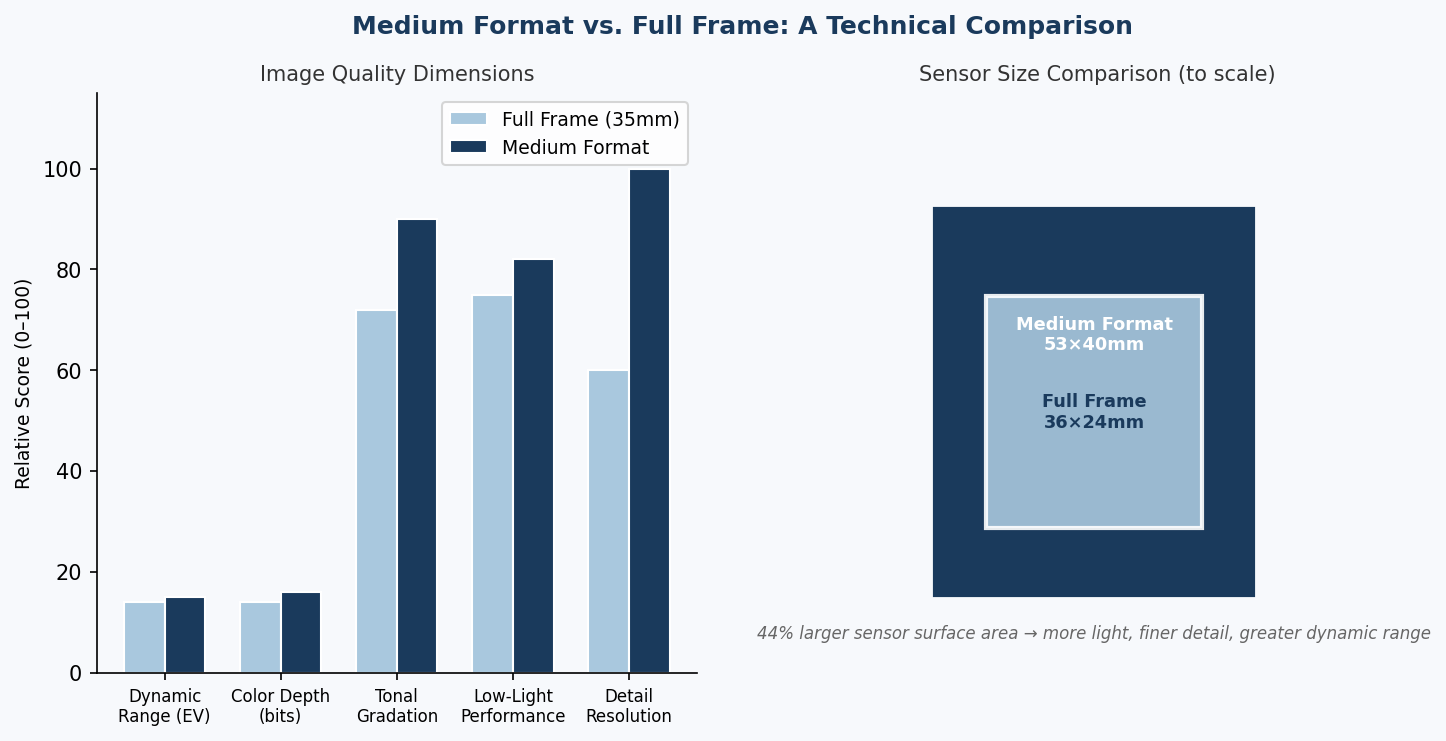 Side-by-side comparison of medium format vs full frame sensor size and image quality metrics including dynamic range, color depth, and tonal gradation