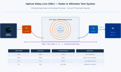 Optical delay line system diagram showing RF-to-optical conversion, fiber coil delay path, and optical-to-RF reconversion for radar target range simulation