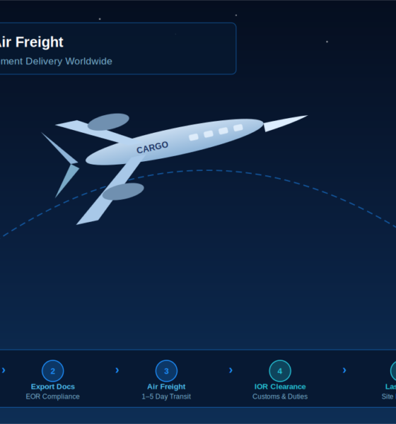 Cargo aircraft loading IT hardware pallets at an international airport logistics hub
