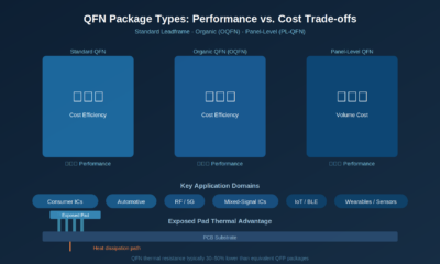 Comparison chart of QFN package types showing dimensions, thermal resistance, and application suitability