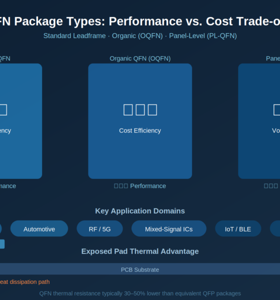 Comparison chart of QFN package types showing dimensions, thermal resistance, and application suitability