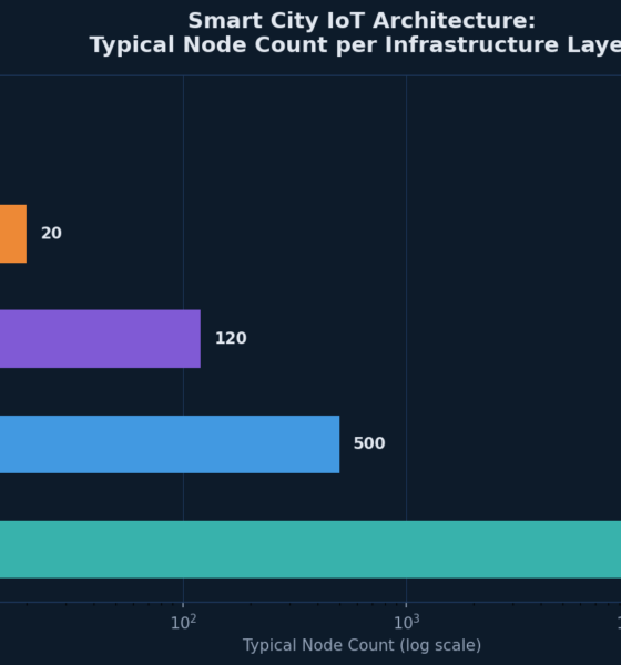 Horizontal bar chart showing typical node counts per smart city IoT infrastructure layer from field sensors through to cloud and analytics platforms on a log scale