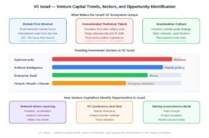 VC Israel venture capital trends diagram showing ecosystem differentiators, sector investment momentum bars for cybersecurity, AI, SaaS, and fintech, and opportunity identification methods
