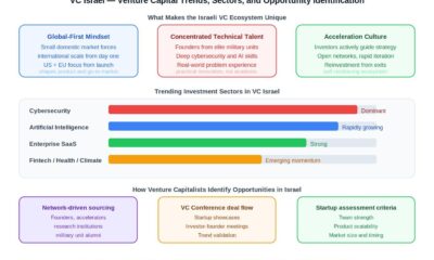 VC Israel venture capital trends diagram showing ecosystem differentiators, sector investment momentum bars for cybersecurity, AI, SaaS, and fintech, and opportunity identification methods