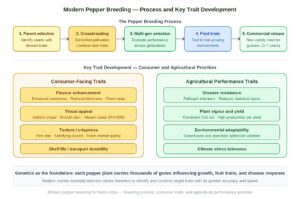Modern pepper breeding process diagram showing five stages from parent selection to commercial release alongside consumer and agricultural trait development priorities.