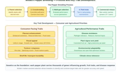 Modern pepper breeding process diagram showing five stages from parent selection to commercial release alongside consumer and agricultural trait development priorities.