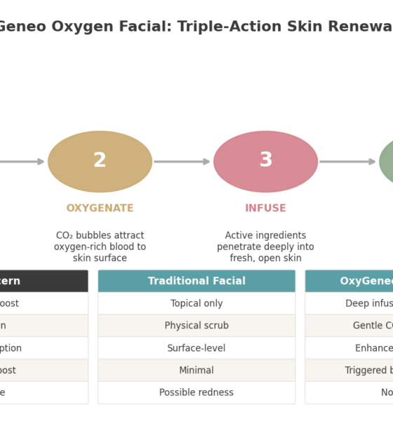 OxyGeneo oxygen facial four-step process diagram showing exfoliation, oxygenation, infusion, and enhancement stages alongside comparison table of oxygen facial versus traditional facial outcomes