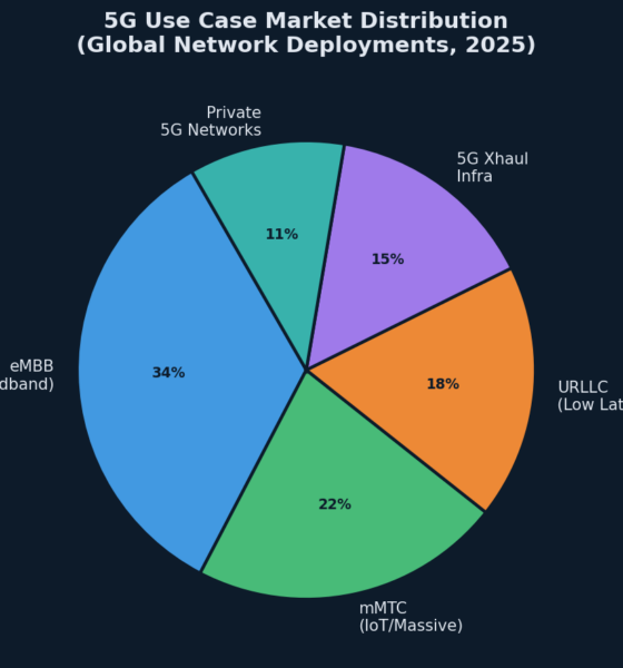 Pie chart showing 5G use case market distribution across eMBB, mMTC, URLLC, 5G xhaul infrastructure, and private 5G networks