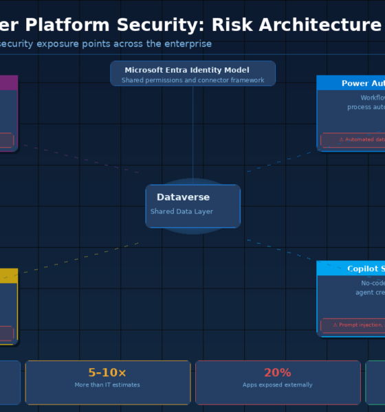 Microsoft Power Platform security risk map showing Power Apps, Power Automate, Power BI, and Copilot Studio with data access paths, permission gaps, and threat vectors