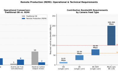 Dual chart comparing on-site crew size and carbon output for traditional OB vs. REMI workflows, alongside contribution bandwidth requirements by camera feed type for remote sports production.
