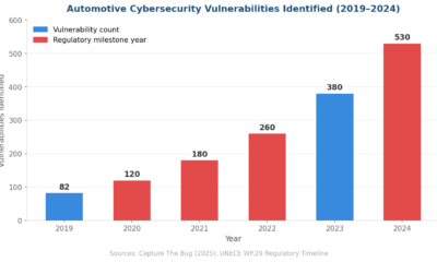 A vertical bar chart titled 'Automotive Cybersecurity Vulnerabilities Identified (2019-2024)' showing a steady increase in vulnerabilities over time: 82 in 2019, 120 in 2020, 180 in 2021, 260 in 2022, 380 in 2023, and 530 in 2024. Bars are color-coded to distinguish standard years from regulatory milestone years.