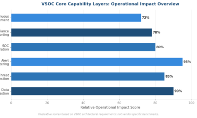 Chart comparing VSOC operational capability layers: data ingestion, threat detection, alert filtering, SOC integration, compliance reporting, and continuous improvement relative impact scores