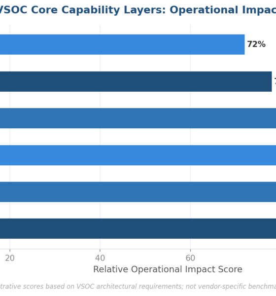 Chart comparing VSOC operational capability layers: data ingestion, threat detection, alert filtering, SOC integration, compliance reporting, and continuous improvement relative impact scores