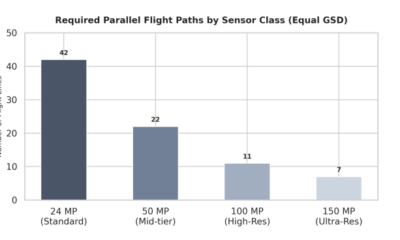 Bar chart showing the required parallel flight paths by sensor class to achieve equal Ground Sample Distance, demonstrating that a twenty-four megapixel standard camera requires forty-two lines, while a one hundred and fifty megapixel ultra-res metric camera requires only seven lines.