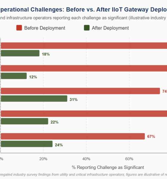 Grouped horizontal bar chart tracking the top operational challenges before and after industrial IoT gateways for remote asset monitoring deployment, showing limited remote visibility dropping from ninety-one percent down to twelve percent.