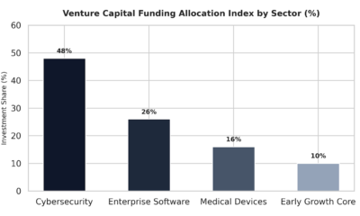 Bar chart displaying the venture capital funding allocation index by sector, illustrating that cybersecurity leads with a forty-eight percent investment share, followed by enterprise software at twenty-six percent.