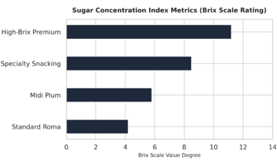 A horizontal bar chart titled 'Sugar Concentration Index Metrics (Brix Scale Rating)' comparing the Brix scale value degrees for four tomato categories: High-Brix Premium (approximately 11.2), Specialty Snacking (approximately 8.5), Midi Plum (approximately 5.8), and Standard Roma (approximately 4.2).