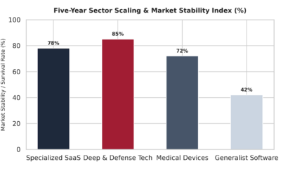 A clear vertical column chart mapping the five-year sector scaling and market stability index across different technical fields. Deep & Defense Tech shows the highest survival rate at 85%, followed closely by Specialized SaaS at 78% and Medical Devices at 72%. Conversely, Generalist Software shows significantly lower long-term stability with only a 42% survival rate, highlighting the critical performance advantages of targeted vertical incubation.