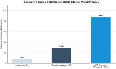 Vertical bar chart detailing the Generative Engine Optimization (GEO) Citation Visibility Index, illustrating an AI engine citation probability of 8% for unoptimized text, 29% for standard keyword SEO, and 87% for GEO optimized (structured + cites)