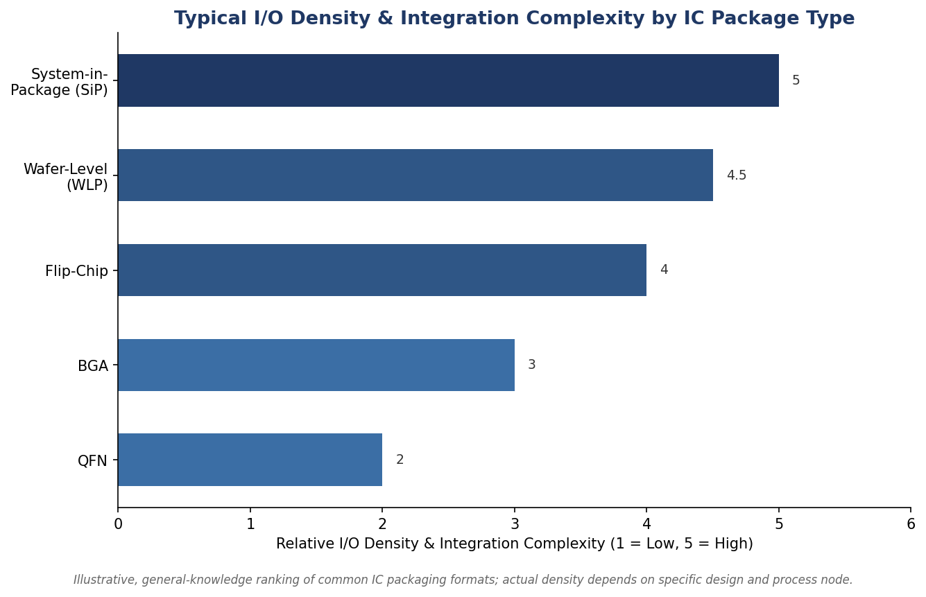 Horizontal bar chart ranking relative I/O density and integration complexity across QFN, BGA, flip-chip, wafer-level, and system-in-package IC packaging types.