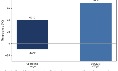 Bar chart comparing operating and survival temperature range for a space-qualified imaging camera.