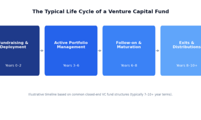 Timeline diagram showing the four stages of a venture capital fund lifecycle, from fundraising to exits.