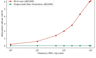 Line chart comparing coax cable attenuation to fiber optic loss across frequency.