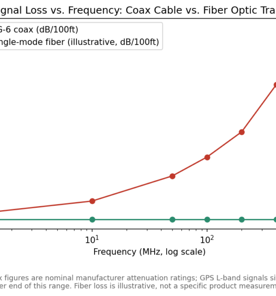 Line chart comparing coax cable attenuation to fiber optic loss across frequency.