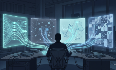 Illustration of a researcher facing four distinct glowing AI interface panels connected by light trails, representing a multi-engine research landscape.