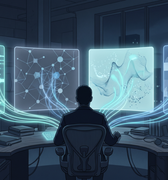 Illustration of a researcher facing four distinct glowing AI interface panels connected by light trails, representing a multi-engine research landscape.