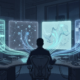 Illustration of a researcher facing four distinct glowing AI interface panels connected by light trails, representing a multi-engine research landscape.