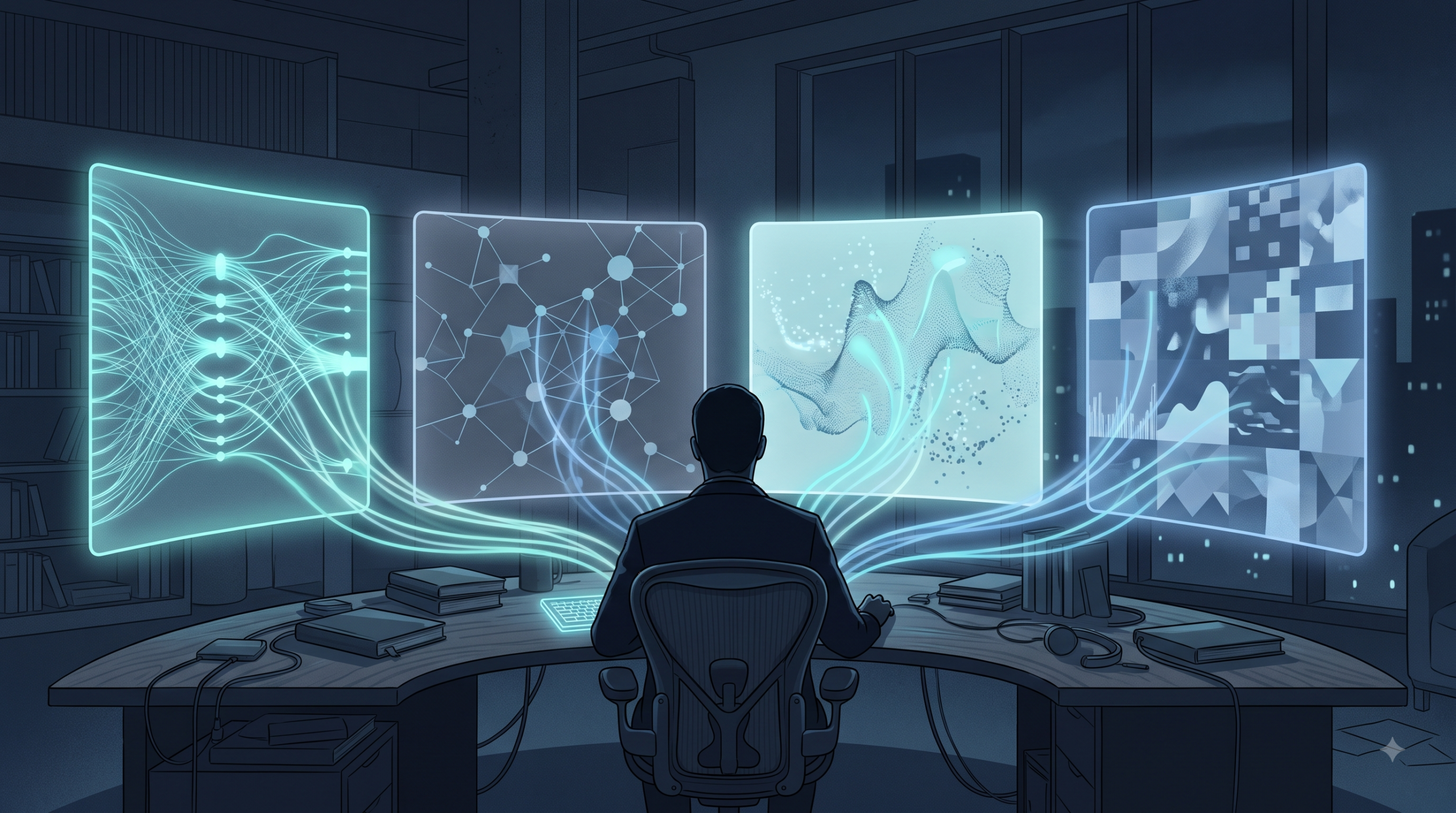 Illustration of a researcher facing four distinct glowing AI interface panels connected by light trails, representing a multi-engine research landscape.