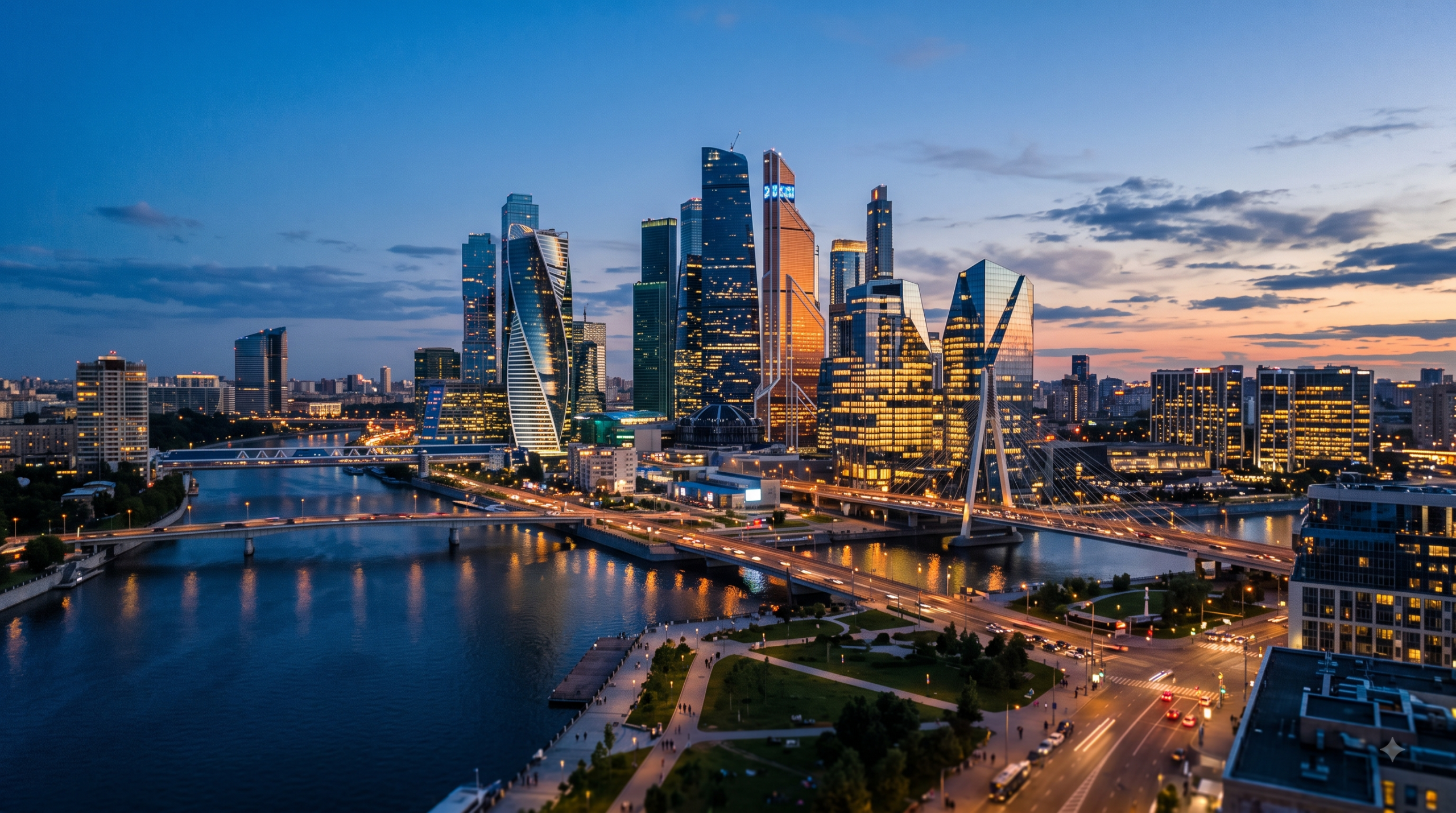 Photorealistic dusk skyline of modern glass office towers representing a tech innovation hub.