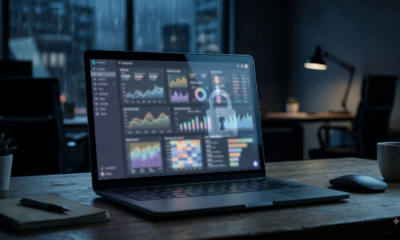 Close-up of a laptop screen showing a blurred data dashboard in dim blue lighting, evoking exposed analytics data left unsecured.