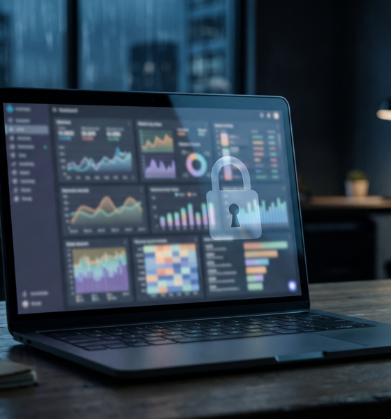 Close-up of a laptop screen showing a blurred data dashboard in dim blue lighting, evoking exposed analytics data left unsecured.