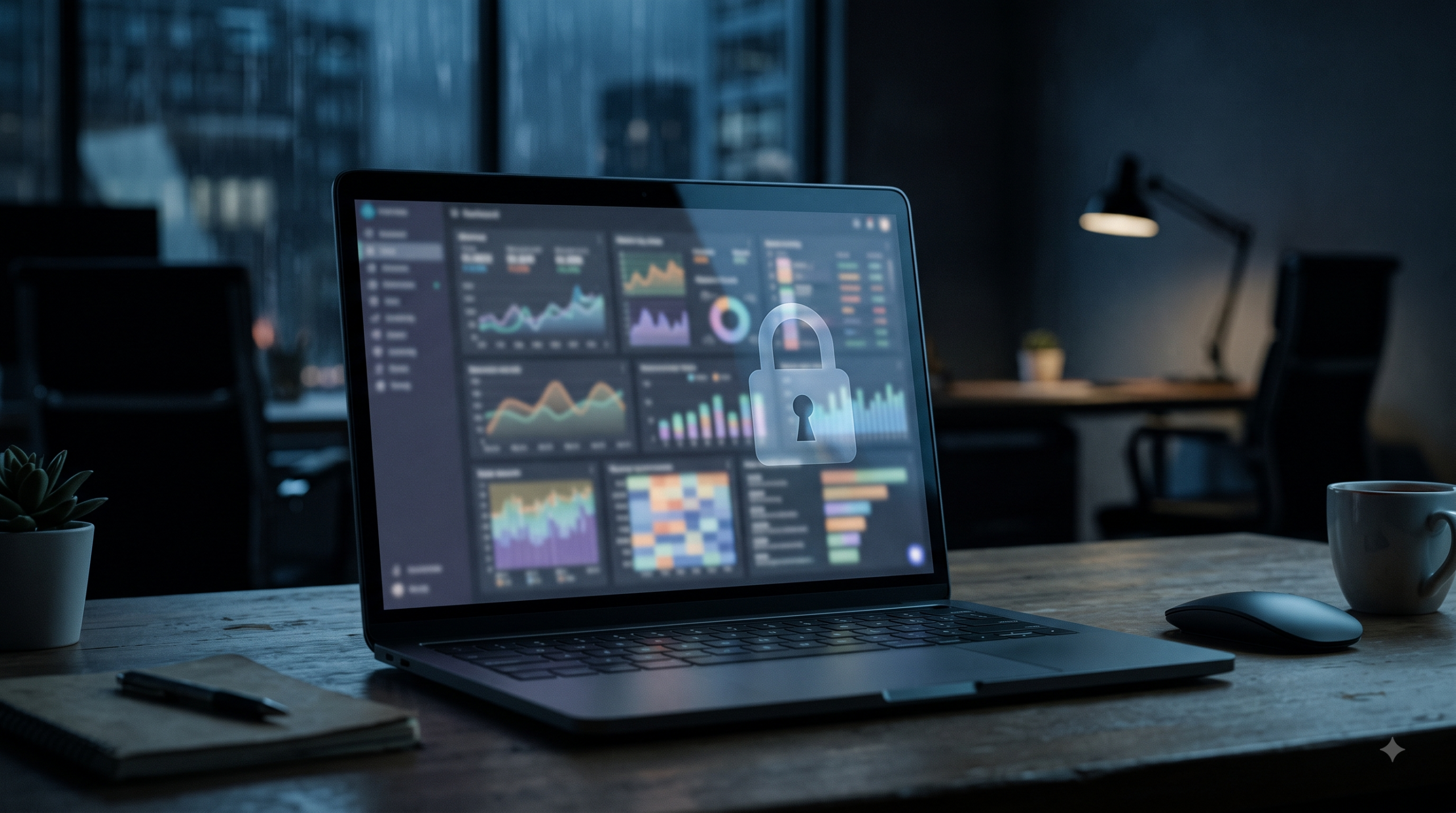 Close-up of a laptop screen showing a blurred data dashboard in dim blue lighting, evoking exposed analytics data left unsecured.