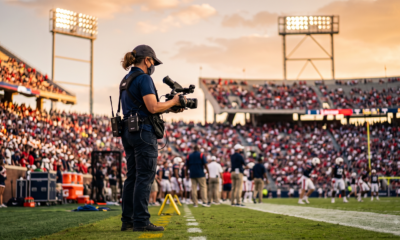 A camera operator on a stadium sideline at golden hour using a lightweight camera rig with a compact wireless transmission unit.
