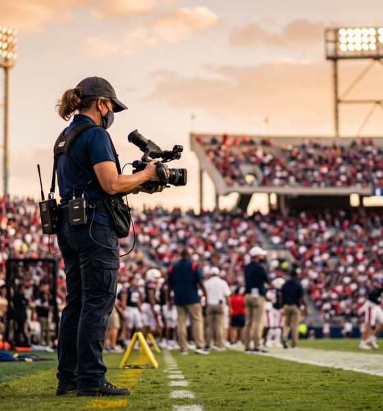 A camera operator on a stadium sideline at golden hour using a lightweight camera rig with a compact wireless transmission unit.