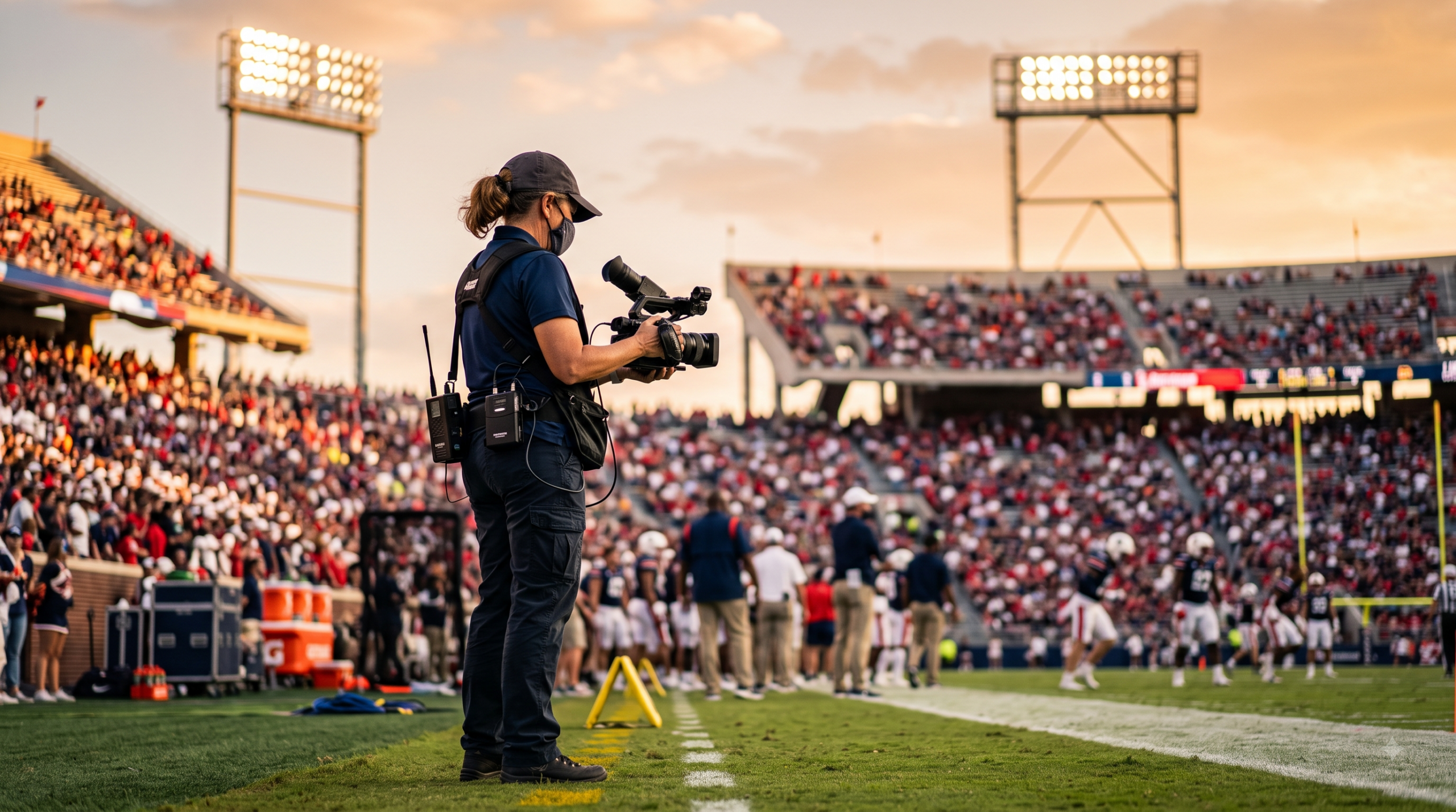 A camera operator on a stadium sideline at golden hour using a lightweight camera rig with a compact wireless transmission unit.