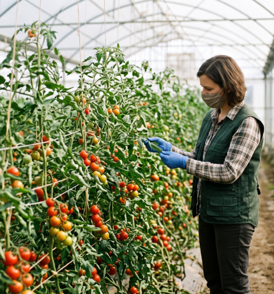 A plant breeder inspecting trellised tomato plants in a greenhouse, checking leaves for disease resistance traits.
