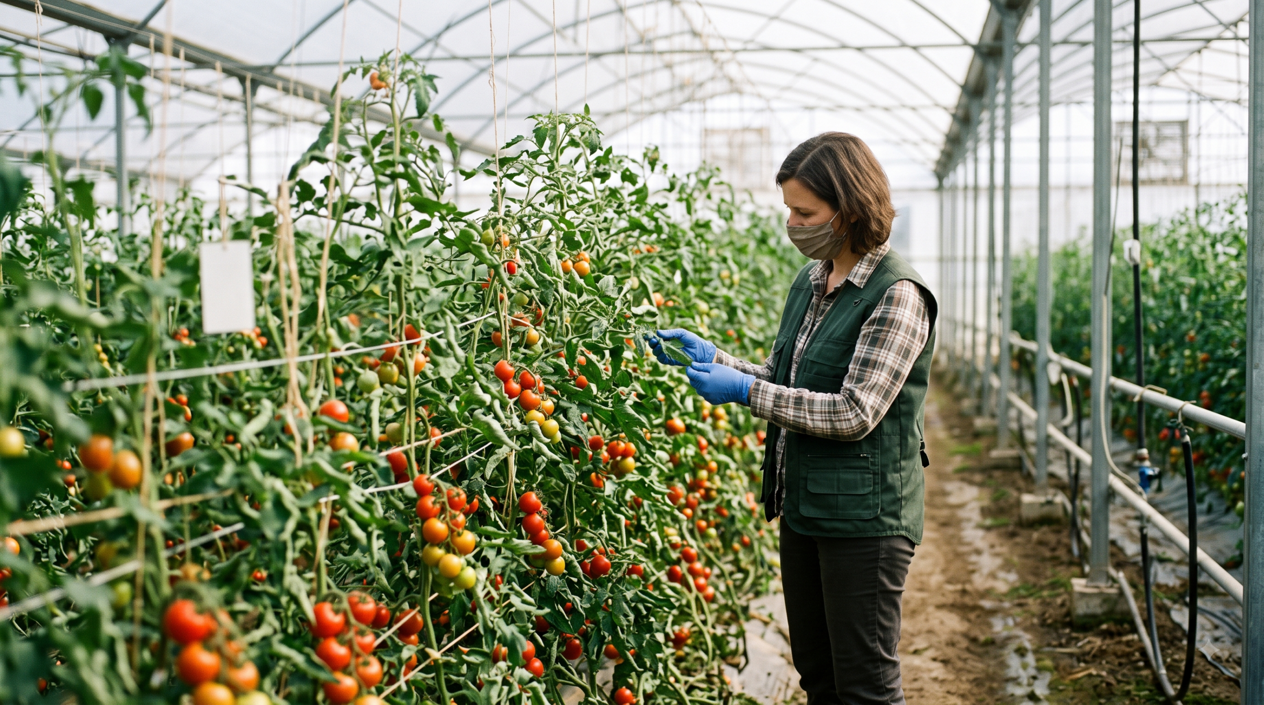 A plant breeder inspecting trellised tomato plants in a greenhouse, checking leaves for disease resistance traits.