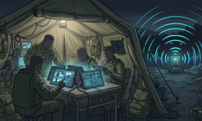 Illustration of a military field command post with soldiers monitoring live video feeds connected via a compact 5G field antenna.
