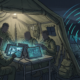 Illustration of a military field command post with soldiers monitoring live video feeds connected via a compact 5G field antenna.
