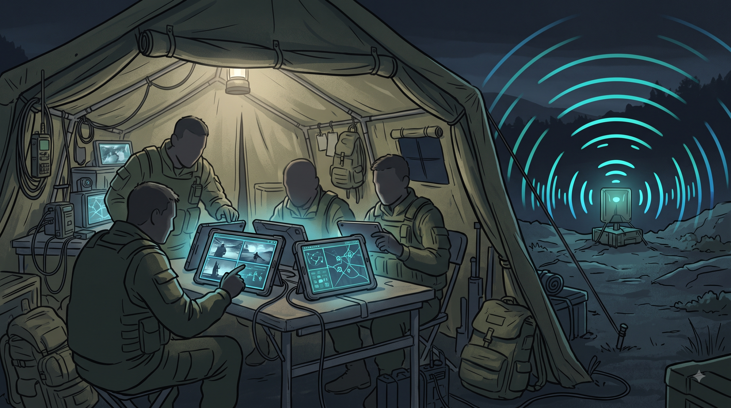 Illustration of a military field command post with soldiers monitoring live video feeds connected via a compact 5G field antenna.