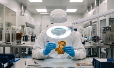 A gloved technician inspecting a small flexible circuit board under magnification in a cleanroom setting.