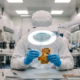 A gloved technician inspecting a small flexible circuit board under magnification in a cleanroom setting.