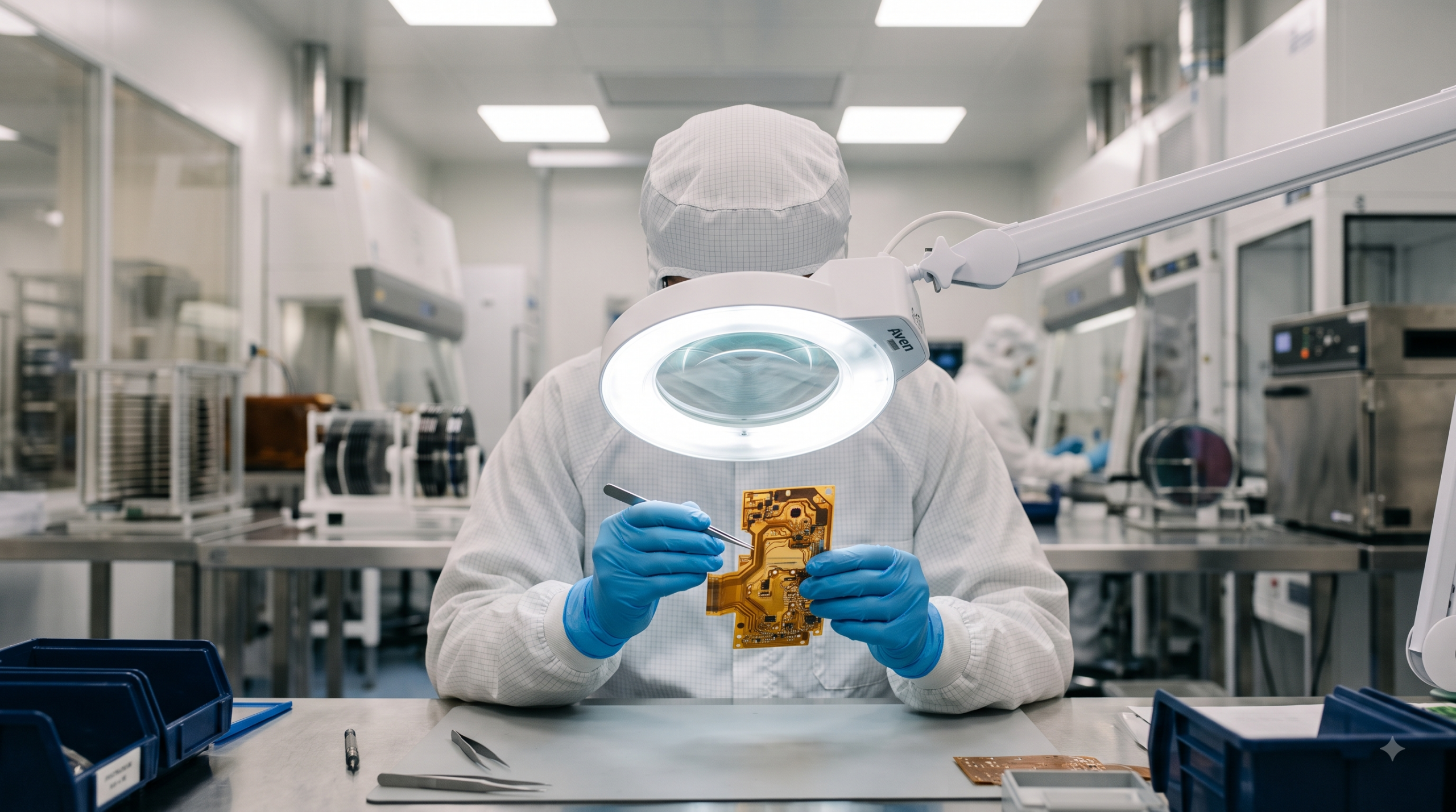 A gloved technician inspecting a small flexible circuit board under magnification in a cleanroom setting.