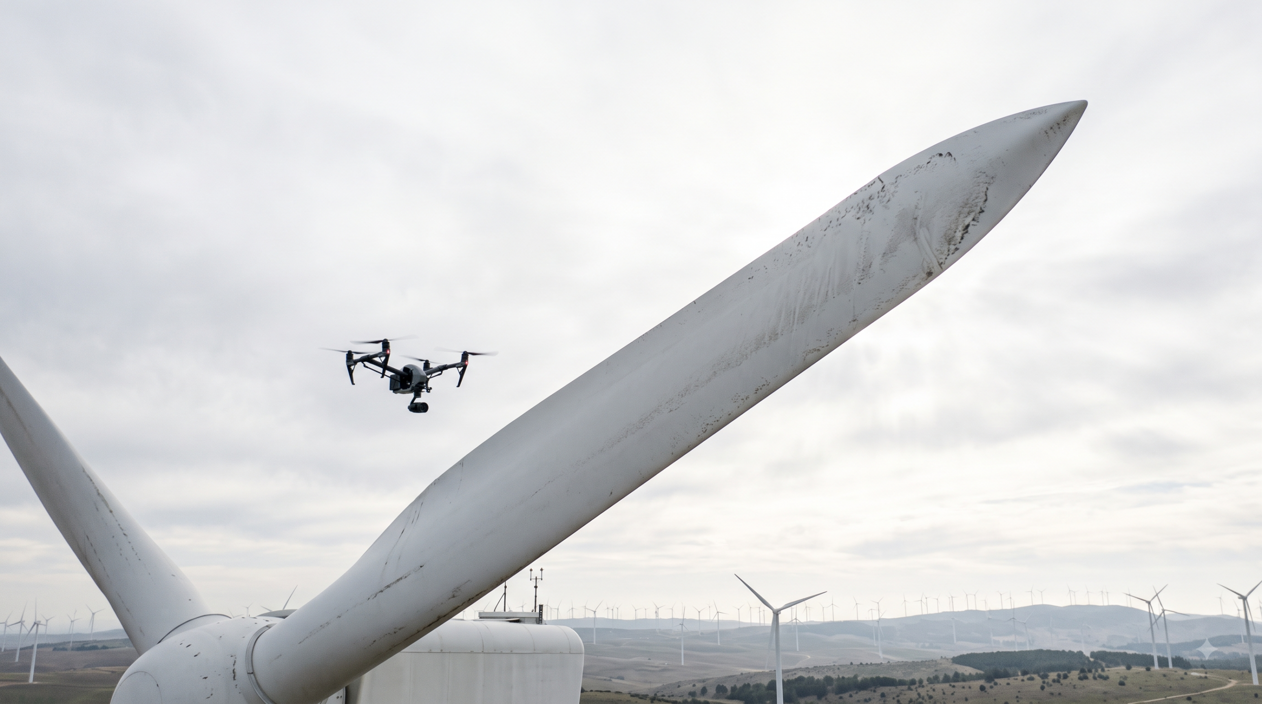 Photorealistic photograph of a wind turbine blade against an overcast sky with a small inspection drone hovering nearby.